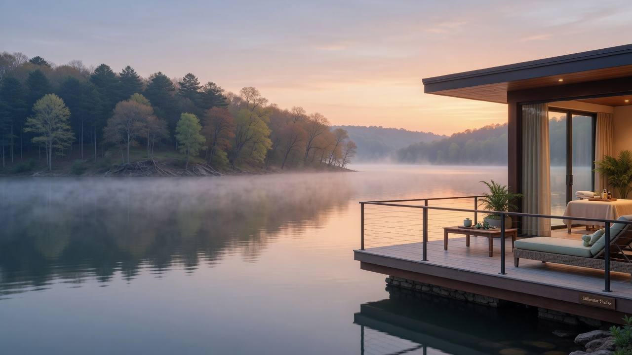 Serene panoramic view of Lake Cumberland at sunrise. The stunning, peaceful setting that welcomes clients to Lakeside Harmony in Jamestown, KY.