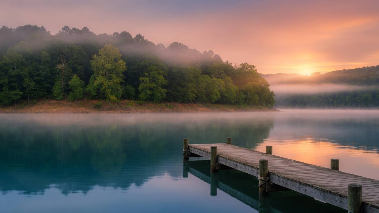 Tranquil wooden dock extending into calm Lake Cumberland at golden hour. Peaceful lakeside nature scene near Jamestown, Kentucky.