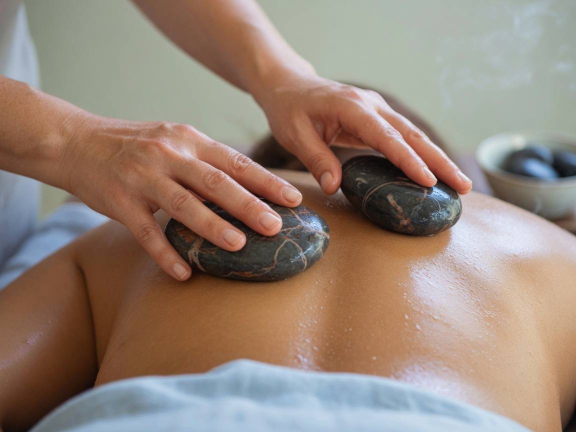 Close-up of therapeutic massage using smooth heated stones from Lake Cumberland on oiled skin, performed by expert hands in soft natural lighting.