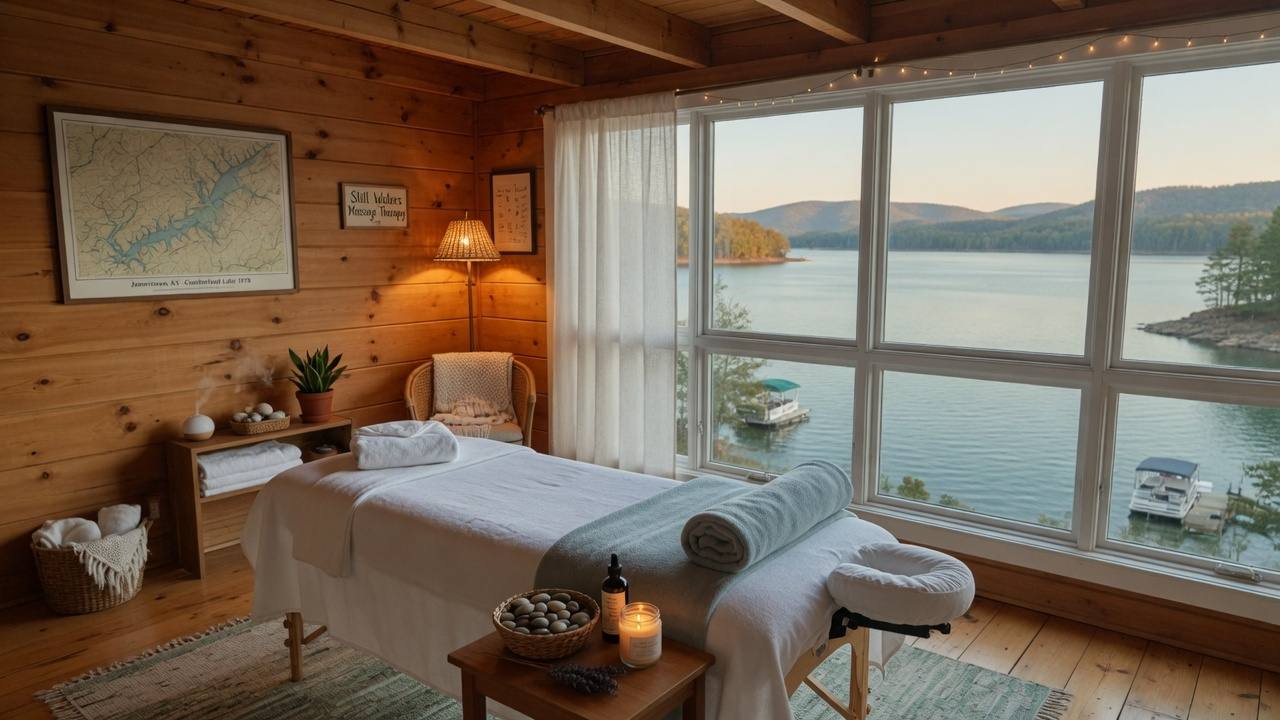 Realistic interior photo of peaceful massage therapy studio in Jamestown, Kentucky overlooking Lake Cumberland. Treatment table with white linens, warm wood tones, large windows with lake view, soft lighting, therapeutic and calming atmosphere.