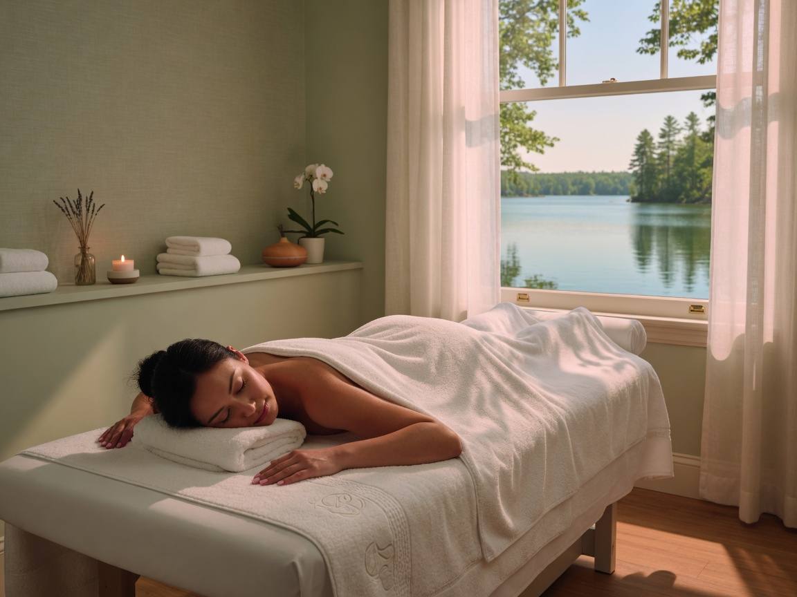 Serene client in deep relaxation on a massage table covered in white linen, soft natural window light, with peaceful Lake Cumberland visible outside the studio.