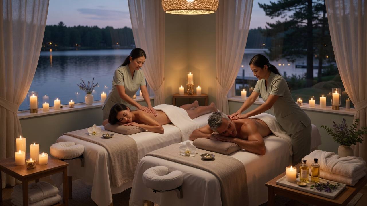 Premium couples massage experience with two side-by-side tables in a serene lakeside studio with soft candlelight and elegant natural decor.