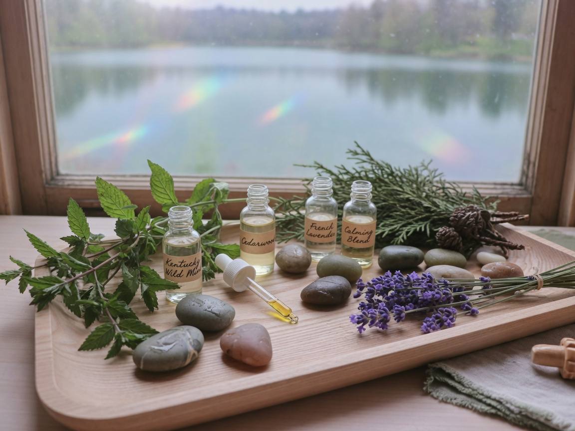 Beautiful aromatherapy ritual setup with local Kentucky botanicals including wild mint, cedar, and lavender essential oils beside smooth river stones.