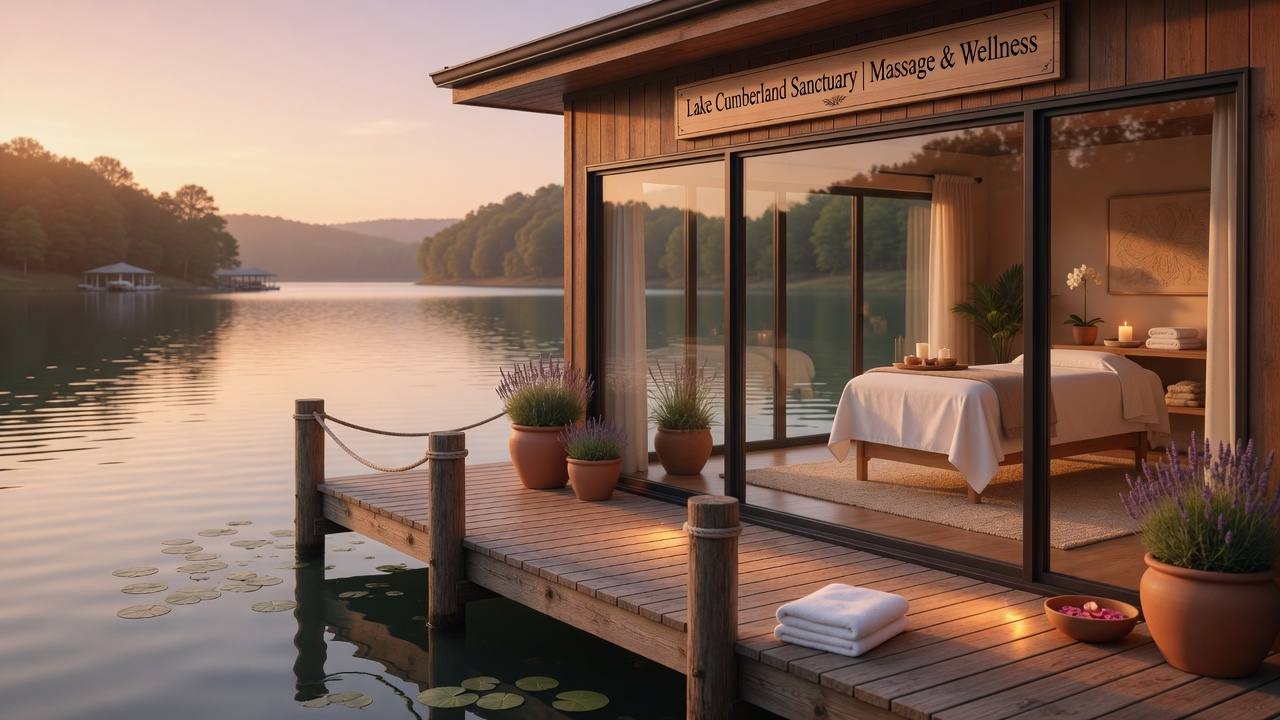 Professional hero banner: Serene lakeside massage studio on Lake Cumberland, Kentucky at golden hour. Calm water, wooden dock, soft natural light, massage table visible through large windows with white linens, earthy tones, peaceful and luxurious wellness atmosphere.